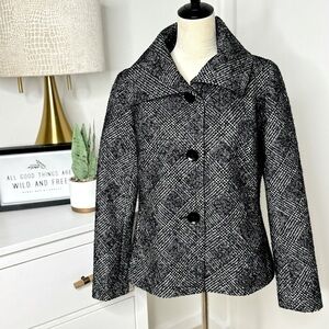 Talbots Pea Coat Black Gray Metallic Silver Tree Button Tweed Plaid Line Size 10